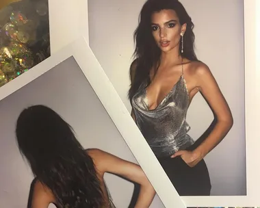 Woman in a silver top poses confidently in two Polaroid photos, one showing the front and the other the back.