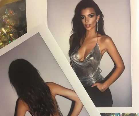 Woman in a silver top poses confidently in two Polaroid photos, one showing the front and the other the back.