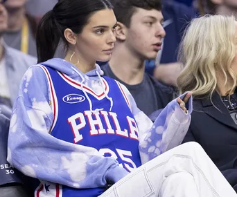 Kendall Jenner wearing a Philadelphia jersey. 