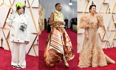 Celebrities pose on the Oscars 2020 red carpet in unique and stylish outfits, showcasing diverse fashion choices.