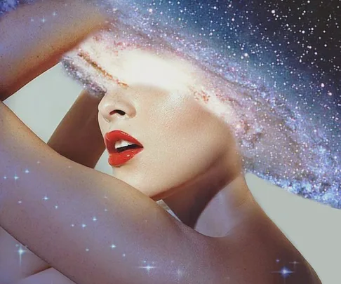 A woman's face with bright red lips, merging seamlessly into a galaxy, creating a cosmic effect.