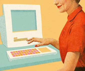 A retro illustration of a woman in red using an old computer with a colorful keyboard.