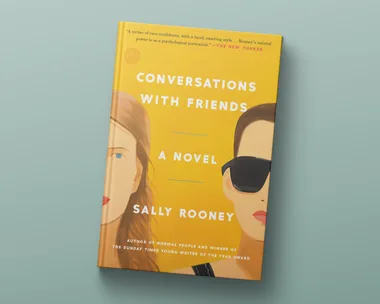 "Book cover of 'Conversations with Friends' by Sally Rooney, featuring two stylized female faces with yellow background."