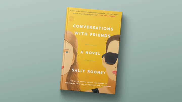 "Book cover of 'Conversations with Friends' by Sally Rooney, featuring two stylized female faces with yellow background."