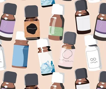 Illustration of various essential oil bottles with colorful labels on a beige background.