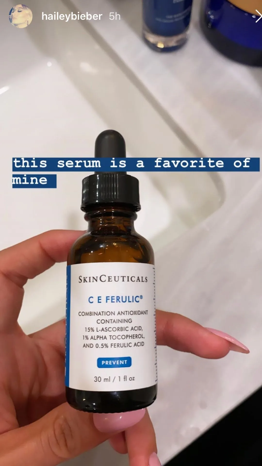 Hailey Beiber using Skinceuticals CE Ferulic Acid serum 