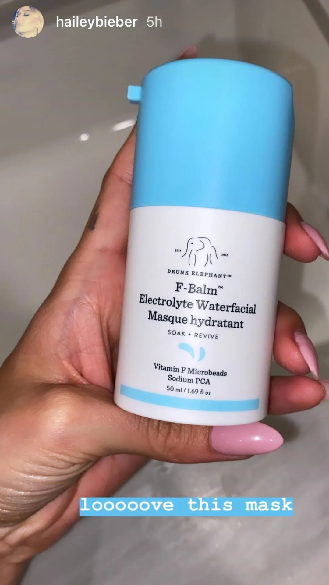 Hailey Bieber using Drunk Elephant Electrolyte Waterfacial Masque 