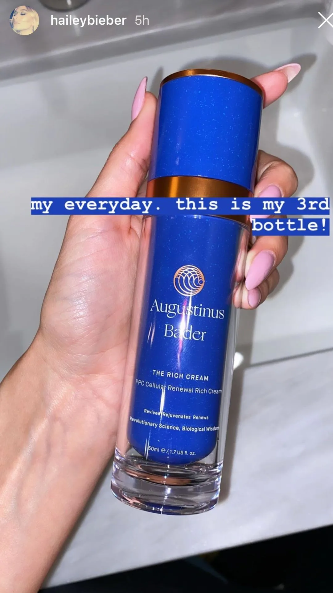 Hailey Bieber using Augustinus Bader The Rich Cream 