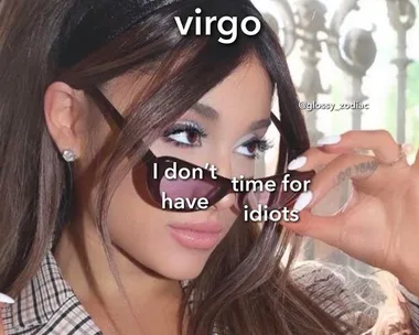 Woman in sunglasses captioned "Virgo: I don't have time for idiots," with a playful expression.