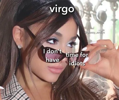 Woman in sunglasses captioned "Virgo: I don't have time for idiots," with a playful expression.