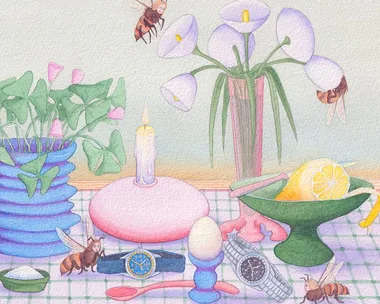 Illustration of Gucci watches with bees, flowers, candle, and lemon on a table, showcasing the G-Timeless collection.