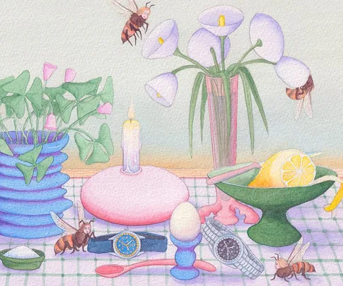 Illustration of Gucci watches with bees, flowers, candle, and lemon on a table, showcasing the G-Timeless collection.