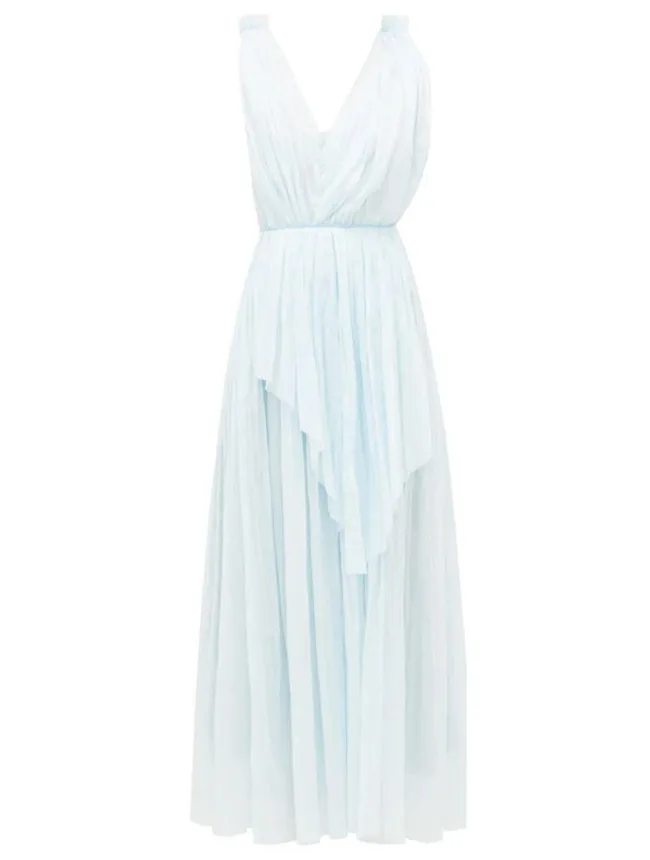 Light blue sleeveless maxi dress with a v-neck and layered pleats.