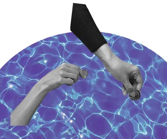 Two hands dropping coins into a pool with a blue water background, symbolizing financial decisions and investments.