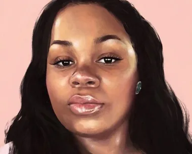 Portrait painting of Breonna Taylor with a calm expression on a pink background.