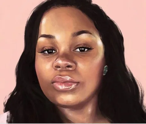 Portrait painting of Breonna Taylor with a calm expression on a pink background.