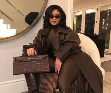 A woman in a brown outfit and sunglasses, holding a brown handbag, sits in a stylish room with modern decor.