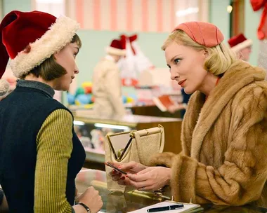 Two women in a store: one in a fur coat, the other in a Santa hat, having a conversation at a counter.