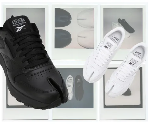 Maison Margiela x Reebok Tabi shoes in black and white, with split toe design, featured in polaroid style images.