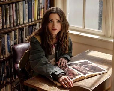 A young woman with long hair sits at a library desk, looking up thoughtfully, with an open book showcasing artwork.