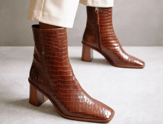 Brown crocodile-patterned ankle boots with block heels, worn with light-colored trousers.