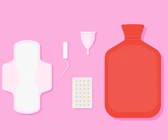 Illustration of menstrual pad, tampon, menstrual cup, blister pack, and hot water bottle on pink background.