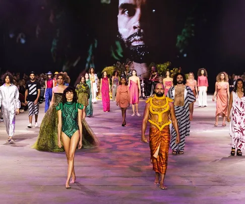 Models showcasing diverse Indigenous designs on the runway at Australian Fashion Week 2021.