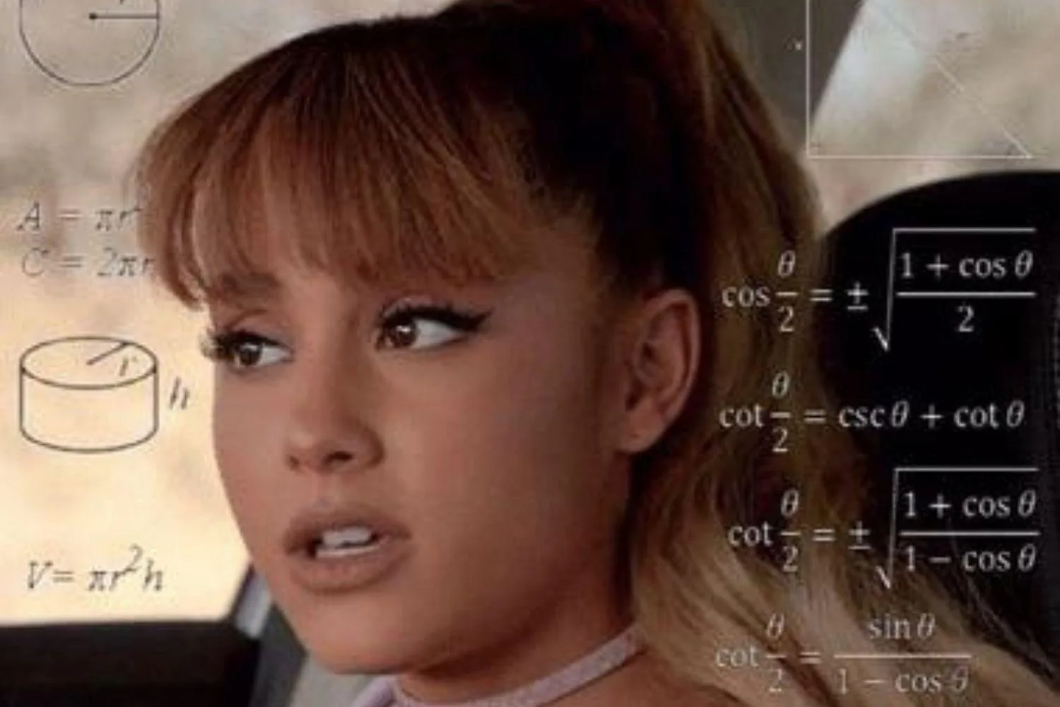 Woman in a car surrounded by math equations, appearing confused or deep in thought.