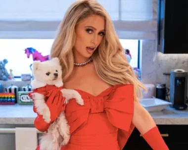 Person in a red dress holding a white dog in a kitchen setting.