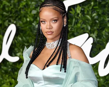 Woman with braided hair in an off-shoulder dress and diamond choker, against a leafy green backdrop.