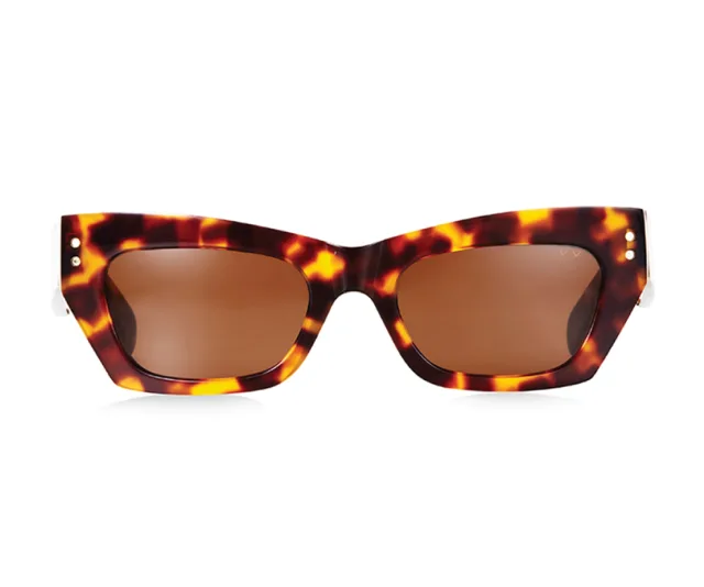 Tortoiseshell square sunglasses with brown-tinted lenses on a white background.