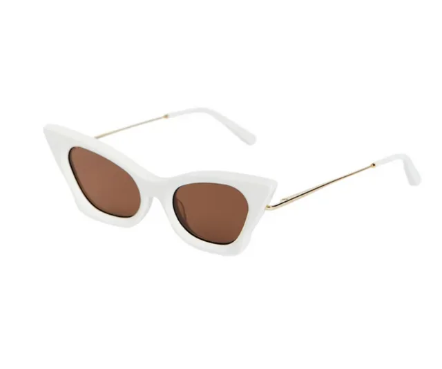 White cat-eye sunglasses with brown lenses and gold temples.