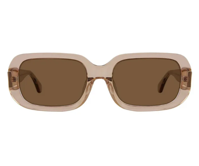 Rectangular sunglasses with brown gradient lenses and light brown frames, viewed from the front.