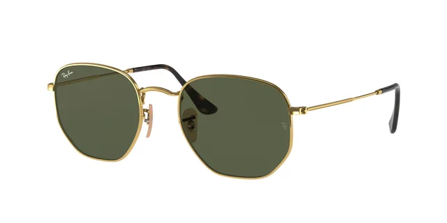 Gold-frame sunglasses with dark green lenses in a hexagonal shape, featuring thin metal temples and black earpieces.
