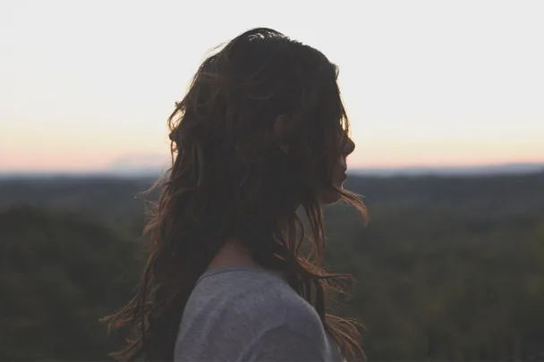 Silhouette of a person with wavy hair looking at a distant sunset over a landscape.