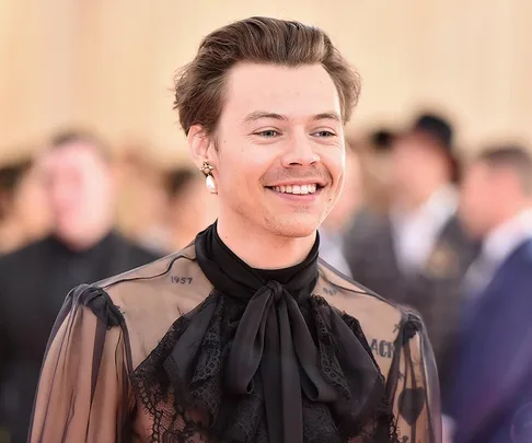 A person smiling, wearing a sheer black outfit with lace and earrings at a formal event.