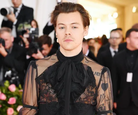 A person in a sheer black lace outfit at a formal event, with photographers in the background.