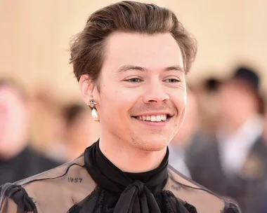 A smiling person with short hair and a pearl earring, wearing a semi-transparent black outfit with ruffled detail.