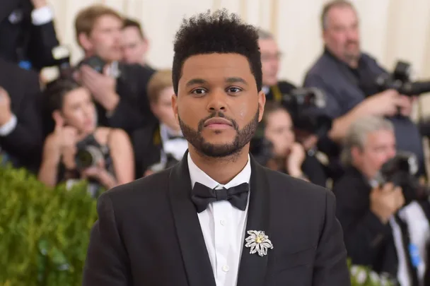 A person in a tuxedo with a floral brooch stands at an event, with photographers in the background.