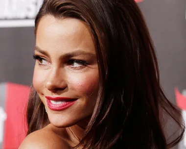 A woman with brown hair and red lipstick smiling on a red carpet event.