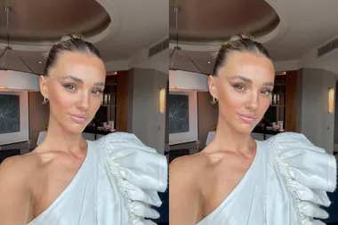 Two identical images of a woman in a white dress with a ruffled shoulder, standing in a modern room.