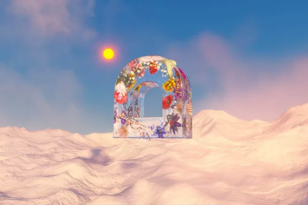 A floral arch floats in a pink desert landscape under a bright sun and blue sky.