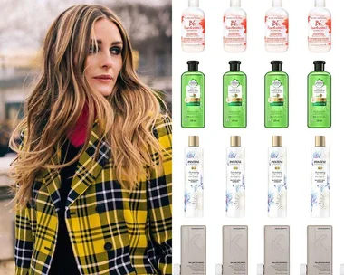 Woman in a yellow plaid coat next to a variety of sulphate-free shampoo bottles for colored hair.