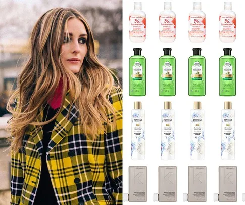 Woman in a yellow plaid coat next to a variety of sulphate-free shampoo bottles for colored hair.