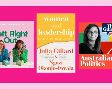 Cover images of "Left Right Out" podcast, "Women and Leadership" book, and "Australian Politics" podcast.