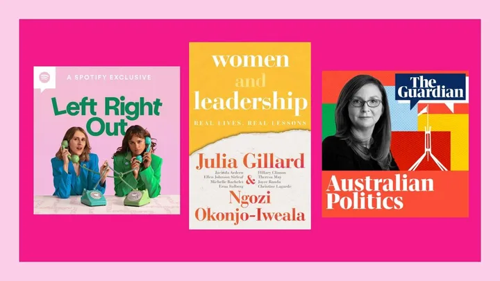 Cover images of "Left Right Out" podcast, "Women and Leadership" book, and "Australian Politics" podcast.
