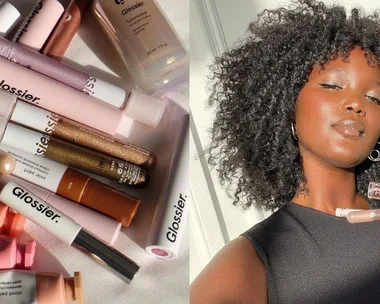 "Assortment of Glossier makeup products on left; person holding Glossier lip gloss on right."