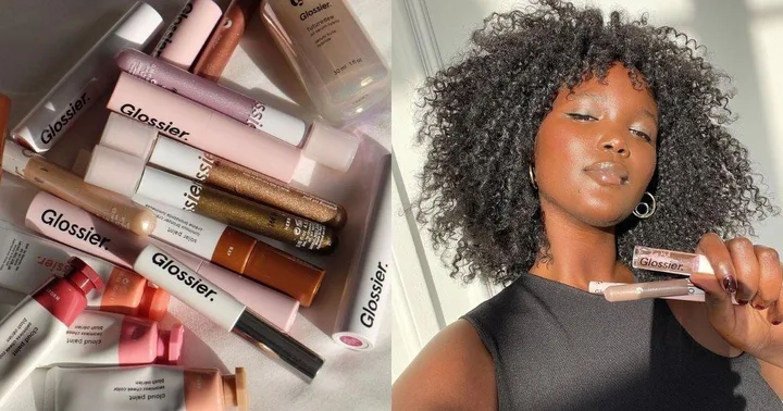 "Assortment of Glossier makeup products on left; person holding Glossier lip gloss on right."