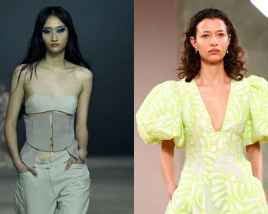 Two models on runway; left in beige corset with blue eyeshadow, right in lime-green patterned dress with puff sleeves.