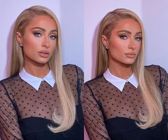 Blonde woman in sheer black polka dot top with white collar, poses with straight hair and neutral expression.